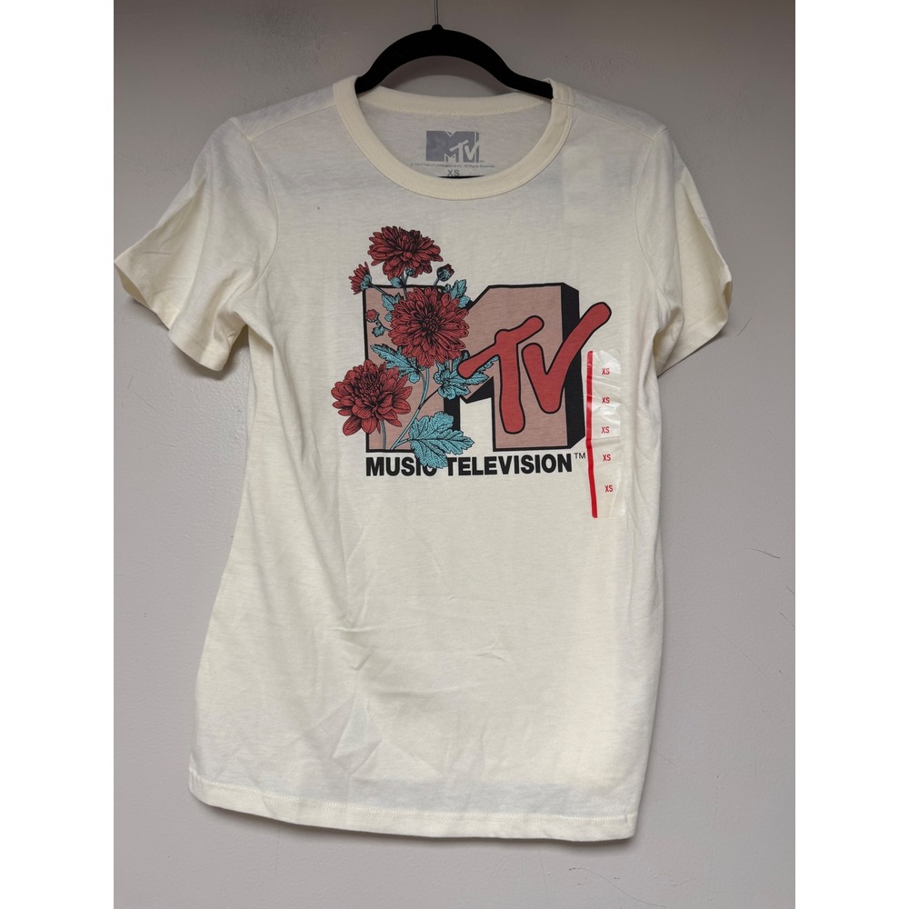 MTV Music Television Floral Logo Cream T Shirt‎ Womens XS